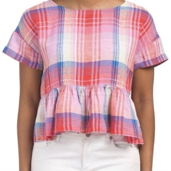 C and C California Top Womens Medium Bright Madras Plaid Linen Peplum Hem Beachy - Picture 1 of 8